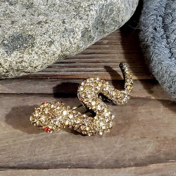 Vintage Austrian Crystal Champagne Bronze Snake Lapel Coat Sweater Pin Brooch - Picture 5 of 7